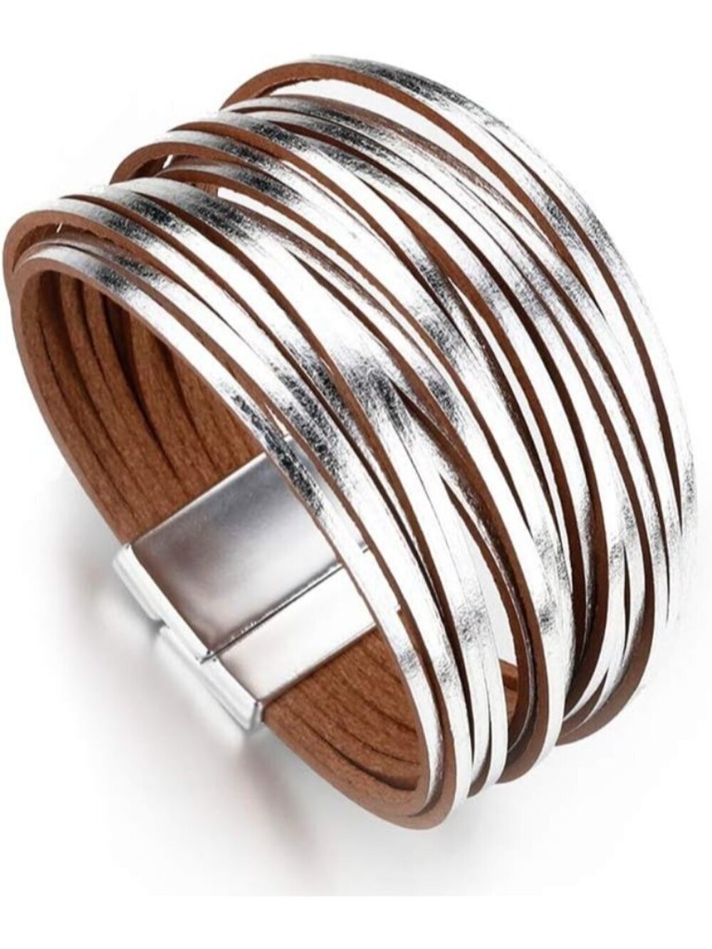 Women's Silver Boho Leopard Multi-Layer Crystal Beads Cuff Leather Wrap Bracelet